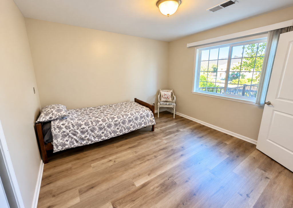 Bright, clear bedroom in daylight