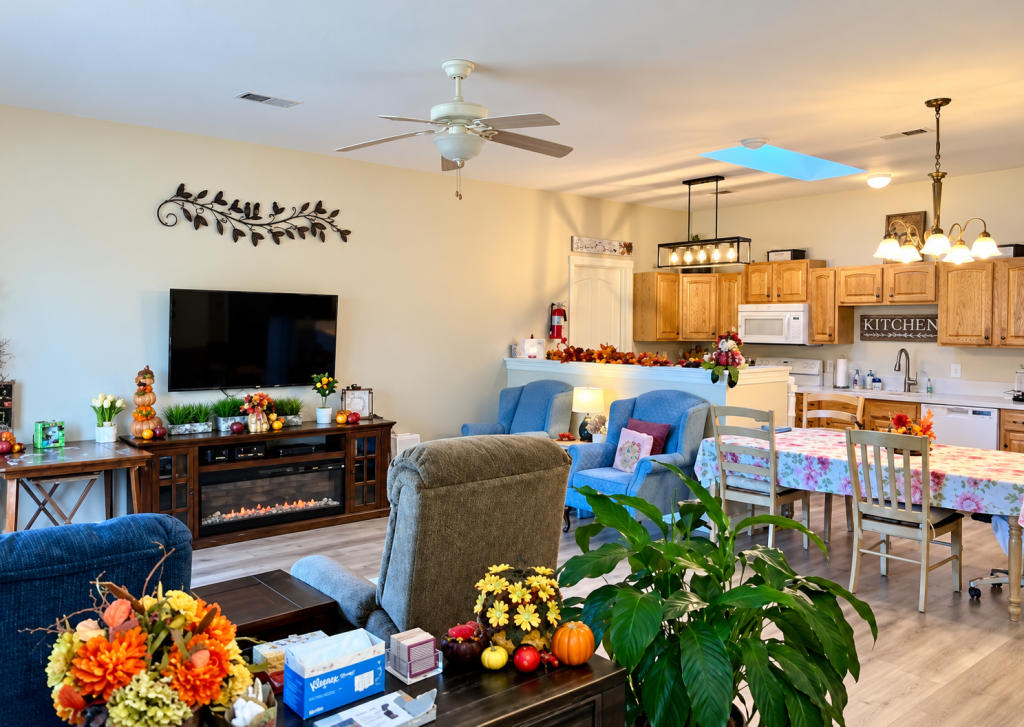 Lighter living, dining, and kitchen interior