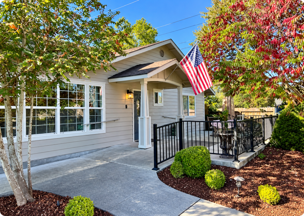 Sunny American porch with autumn trees